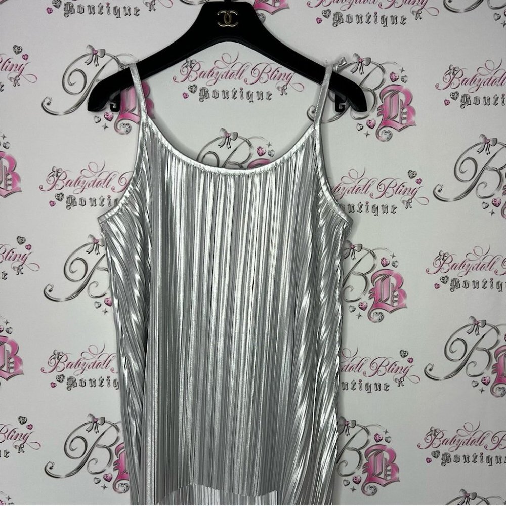 H&M pleated tank top ribbon tie straps silver shiny metallic disco 🪩 style